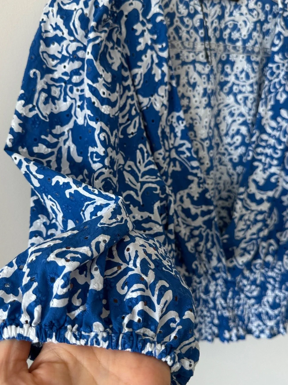 Zara Blue and White Floral Print V-Neck Smocked Waist Blouse
